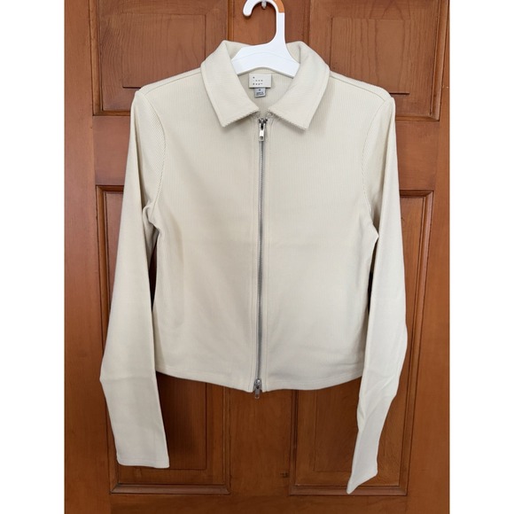 a new day Jackets & Blazers - Women's A New Day Cream Ribbed Double Zipper Light Weight Jacket Size Small NWT